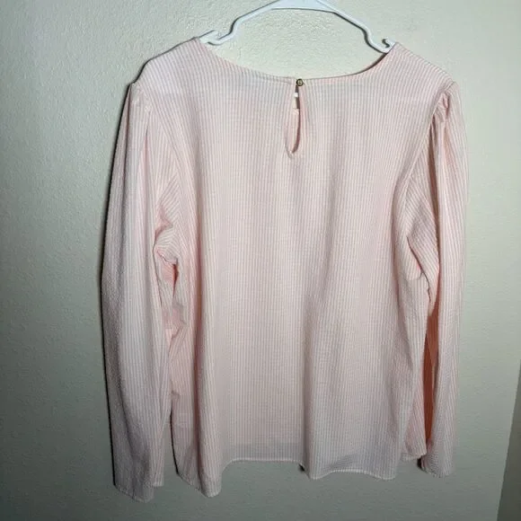 Liz Claiborne Blouse Women's Large Pink Striped Seersucker Long Sleeve Top Sheer - Picture 4 of 8